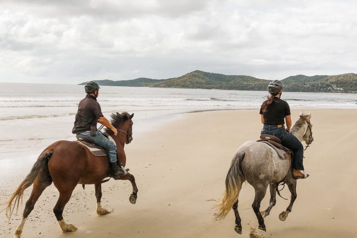 a group of people riding horses on a beach